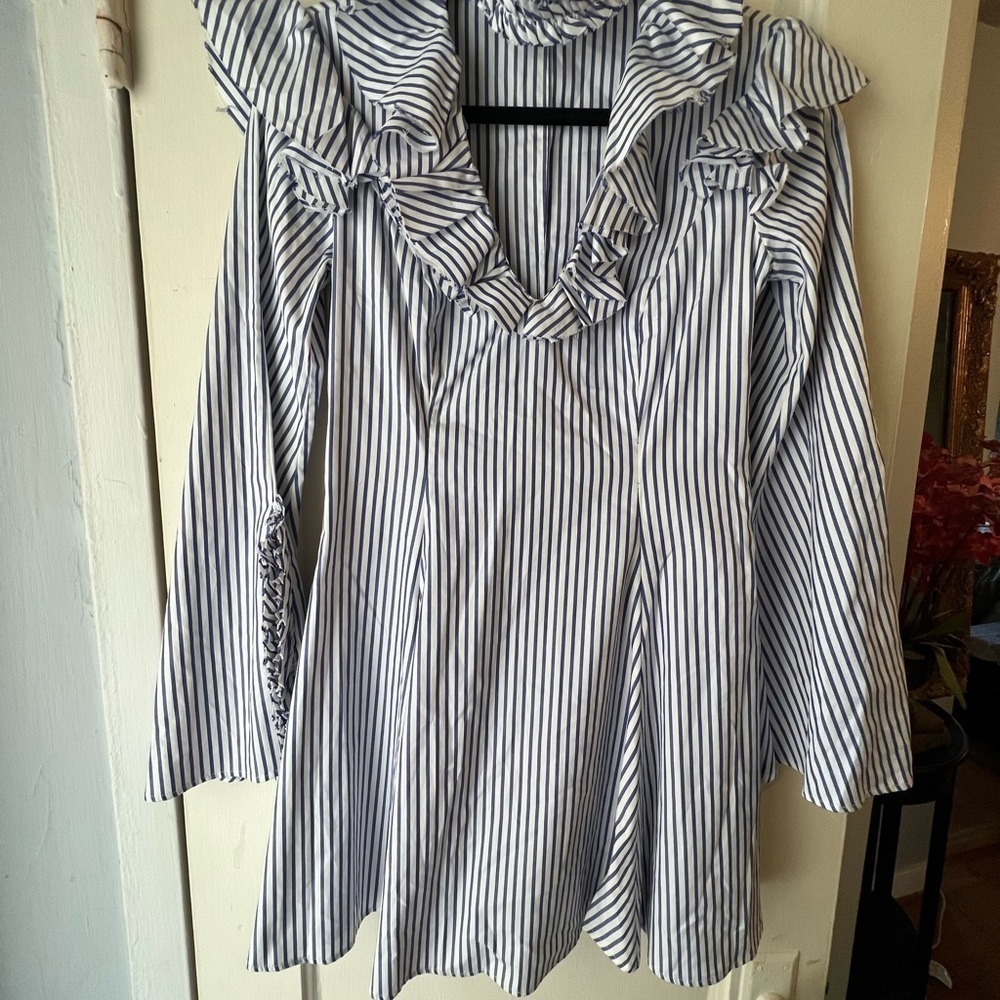Caroline Constas Micki Choker V Neck Cotton Striped Ruffle Dress 4 - Picture 11 of 13